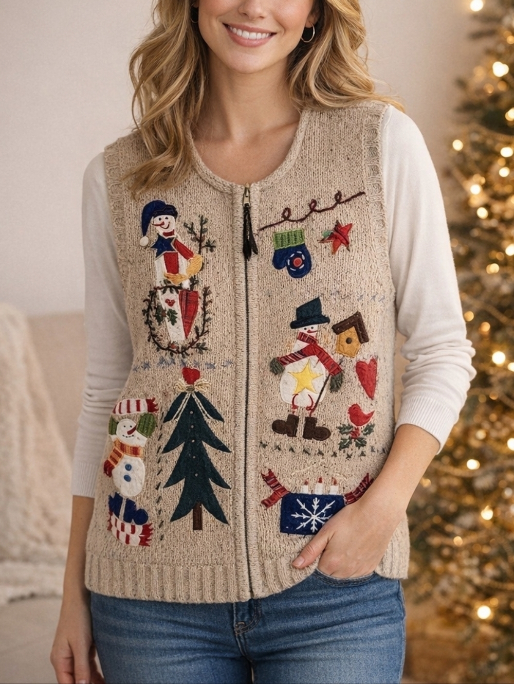 THEME WORKS Knit Embroidered Ugly Christmas Snowman Sweater Zipper Holiday Vest